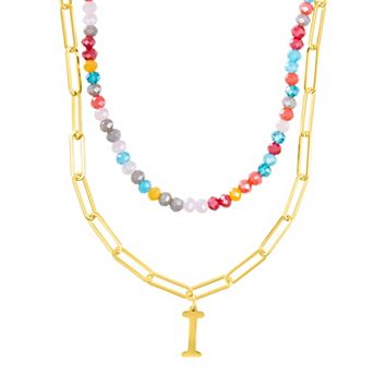 Adornia Gold Tone Adjustable Layered Color Simulated Stone Beads & Paperclip Chain Initial Necklace