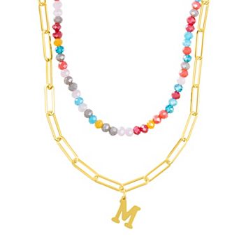 Adornia Gold Tone Adjustable Layered Color Simulated Stone Beads & Paperclip Chain Initial Necklace