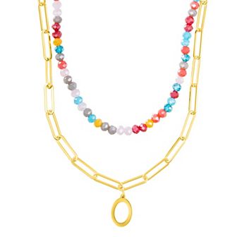 Adornia Gold Tone Adjustable Layered Color Simulated Stone Beads & Paperclip Chain Initial Necklace
