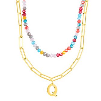 Adornia Gold Tone Adjustable Layered Color Simulated Stone Beads & Paperclip Chain Initial Necklace