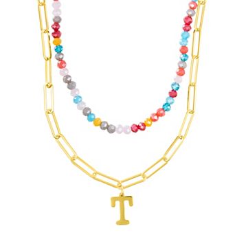 Adornia Gold Tone Adjustable Layered Color Simulated Stone Beads & Paperclip Chain Initial Necklace