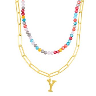 Adornia Gold Tone Adjustable Layered Color Simulated Stone Beads & Paperclip Chain Initial Necklace