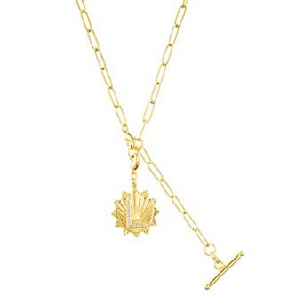 Adornia Gold Tone Adjustable Paperclip & Cubic Zirconia Initial Medallion Lariat Necklace