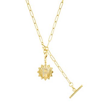 Adornia Gold Tone Adjustable Paperclip & Cubic Zirconia Initial Medallion Lariat Necklace