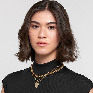 Adornia Gold Tone Adjustable Crystal Chunky Paperclip Link Pave Heart Necklace
