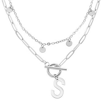 Adornia Silver Tone Confetti & Paperclip Layered Initial Toggle Necklace