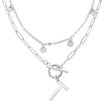 Adornia Silver Tone Confetti & Paperclip Layered Initial Toggle Necklace