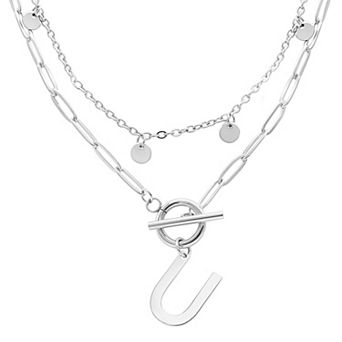 Adornia Silver Tone Confetti & Paperclip Layered Initial Toggle Necklace
