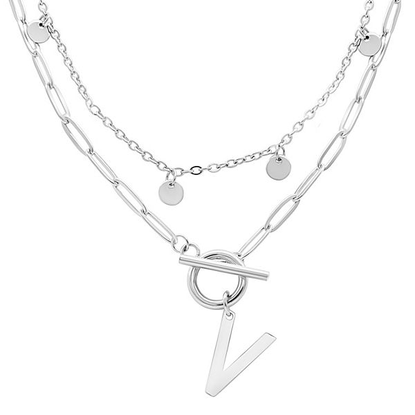 Adornia Silver Tone Confetti & Paperclip Layered Initial Toggle Necklace - Silver Tone V