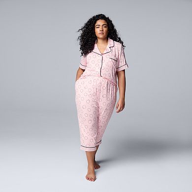 Plus Size Simply Vera Vera Wang Cozy Short Sleeve Notch Collar Pajama Top & Capri Pajama Pants Set