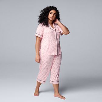Plus Size Simply Vera Vera Wang Cozy Short Sleeve Notch Collar Pajama Top & Capri Pajama Pants Set