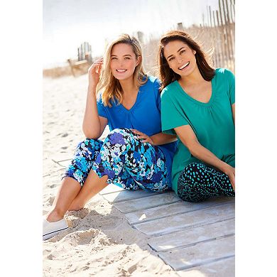 Woman Within Plus Size Stretch-Cotton Knit Pull-On Printed Capri Leggings