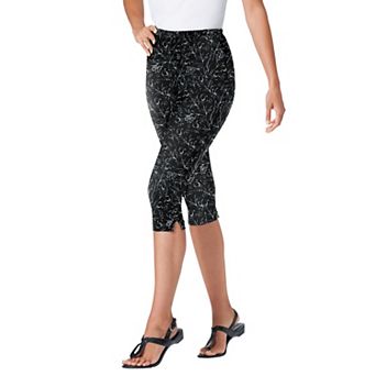 Woman Within Plus Size Stretch-Cotton Knit Pull-On Printed Capri Leggings