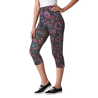 Woman Within Plus Size Stretch-Cotton Knit Pull-On Printed Capri Leggings