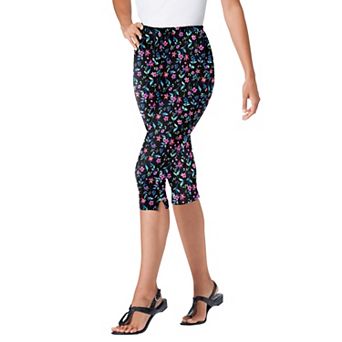 Woman Within Plus Size Stretch-Cotton Knit Pull-On Printed Capri Leggings