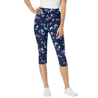 Woman Within Plus Size Stretch-Cotton Knit Pull-On Printed Capri Leggings