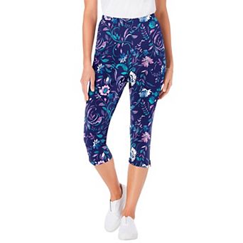 Woman Within Plus Size Stretch-Cotton Knit Pull-On Printed Capri Leggings