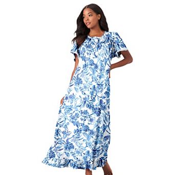 Dreams & Co. Plus Size Petite Long Floral Print Cotton Gown