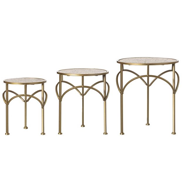 Uniquewise Decorative Gold Metal Round Plant Stand, Modern White Marble Look Top Display End Side Table, Set of 3
