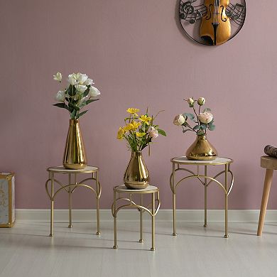 Decorative Metal Round Plant Stand, Modern White Marble Look Top Display End Side Table, Set of 3