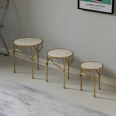Decorative Metal Round Plant Stand, Modern White Marble Look Top Display End Side Table, Set of 3