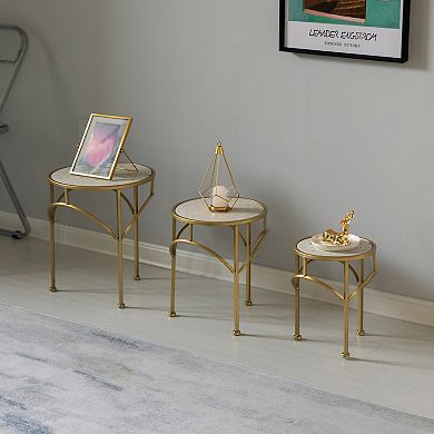 Decorative Metal Round Plant Stand, Modern White Marble Look Top Display End Side Table, Set of 3