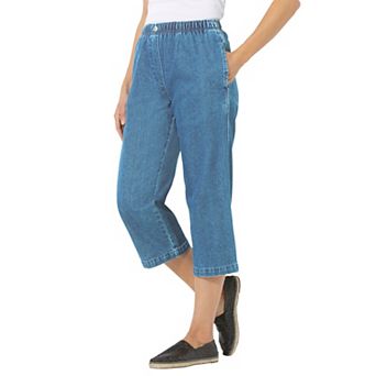 Woman Within Plus Size 7-Day Elastic-Waist Pull-On Cotton Denim Capri Jeans