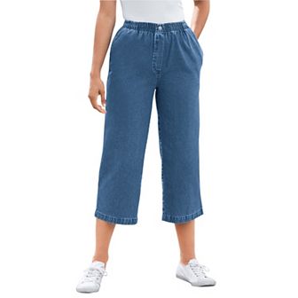 Woman Within Plus Size 7-Day Elastic-Waist Pull-On Cotton Denim Capri Jeans