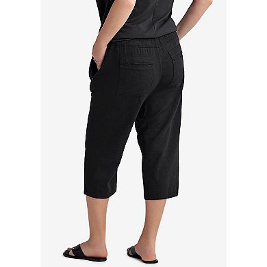 ellos Plus Size Ribbed Elastic Waist Linen-Blend Capris