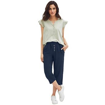 Ellos Plus Size Ribbed Elastic Waist Linen-Blend Capris