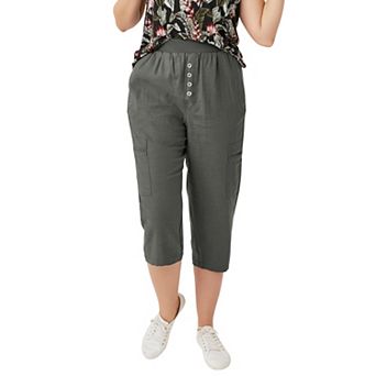 ellos Plus Size Ribbed Elastic Waist Linen-Blend Capris
