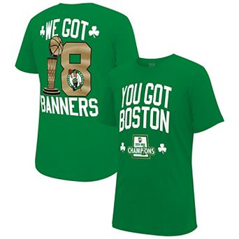 Men's Stadium Essentials Kelly Green Boston Celtics 2024 NBA Finals Champions 18 Banners T-Shirt