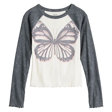 Girls 6-20 SO® Long Sleeve Raglan Graphic Baby Tee in Regular & Plus