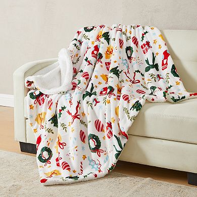 Madelinen® Holiday Printed Plush to Sherpa Throw Blanket