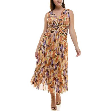 Women's Nicole Miller Twist-Front Printed Mesh Midi Dress