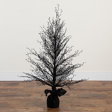 nearly natural 4-ft. Pre-Lit Halloween Black Twig Artificial Fall Tree in Burlap Planter
