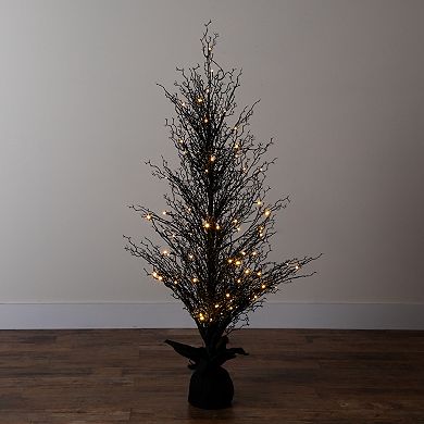 nearly natural 5-ft. Pre-Lit Halloween Black Twig Artificial Fall Tree in Burlap Planter