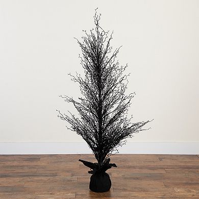 nearly natural 5-ft. Pre-Lit Halloween Black Twig Artificial Fall Tree in Burlap Planter