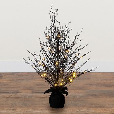 nearly natural 3-ft. Pre-Lit Halloween Black Twig Artificial Fall Tree in Burlap Planter
