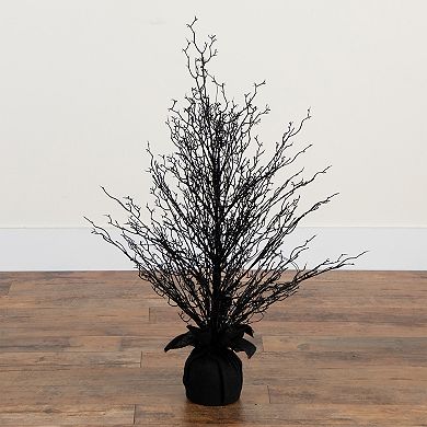 nearly natural 3-ft. Pre-Lit Halloween Black Twig Artificial Fall Tree in Burlap Planter