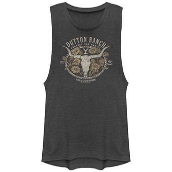 Juniors' Yellowstone Dutton Ranch Protect The Family Floral Bull Skull Logo Graphic Tank Top
