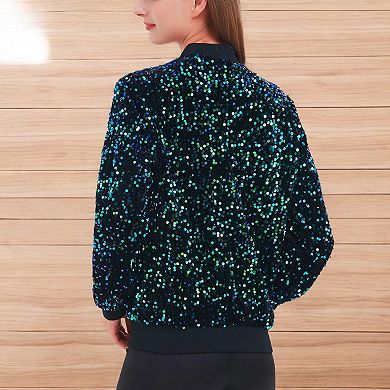 Women's Striped Metallic Sequin Varsity Jacket