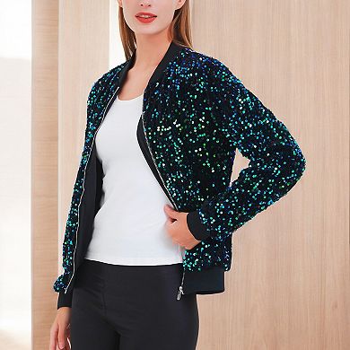 Women's Striped Metallic Sequin Varsity Jacket
