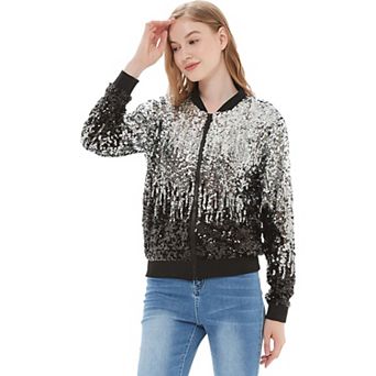 Women's Striped Metallic Sequin Varsity Jacket
