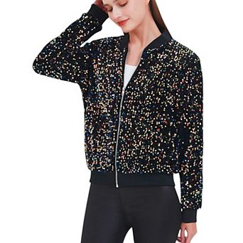 Women's Striped Metallic Sequin Varsity Jacket
