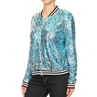 Women's Striped Metallic Sequin Varsity Jacket