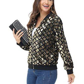Women's Striped Metallic Sequin Varsity Jacket