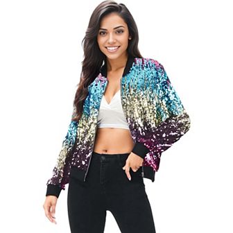 Women's Striped Metallic Sequin Varsity Jacket