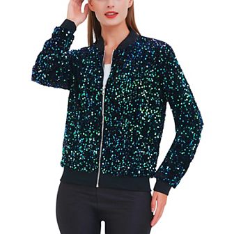Women's Striped Metallic Sequin Varsity Jacket