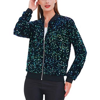 Women's Striped Metallic Sequin Varsity Jacket